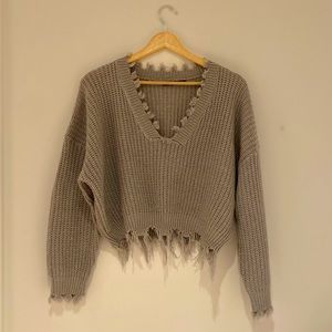 super cute grey distressed cropped sweater